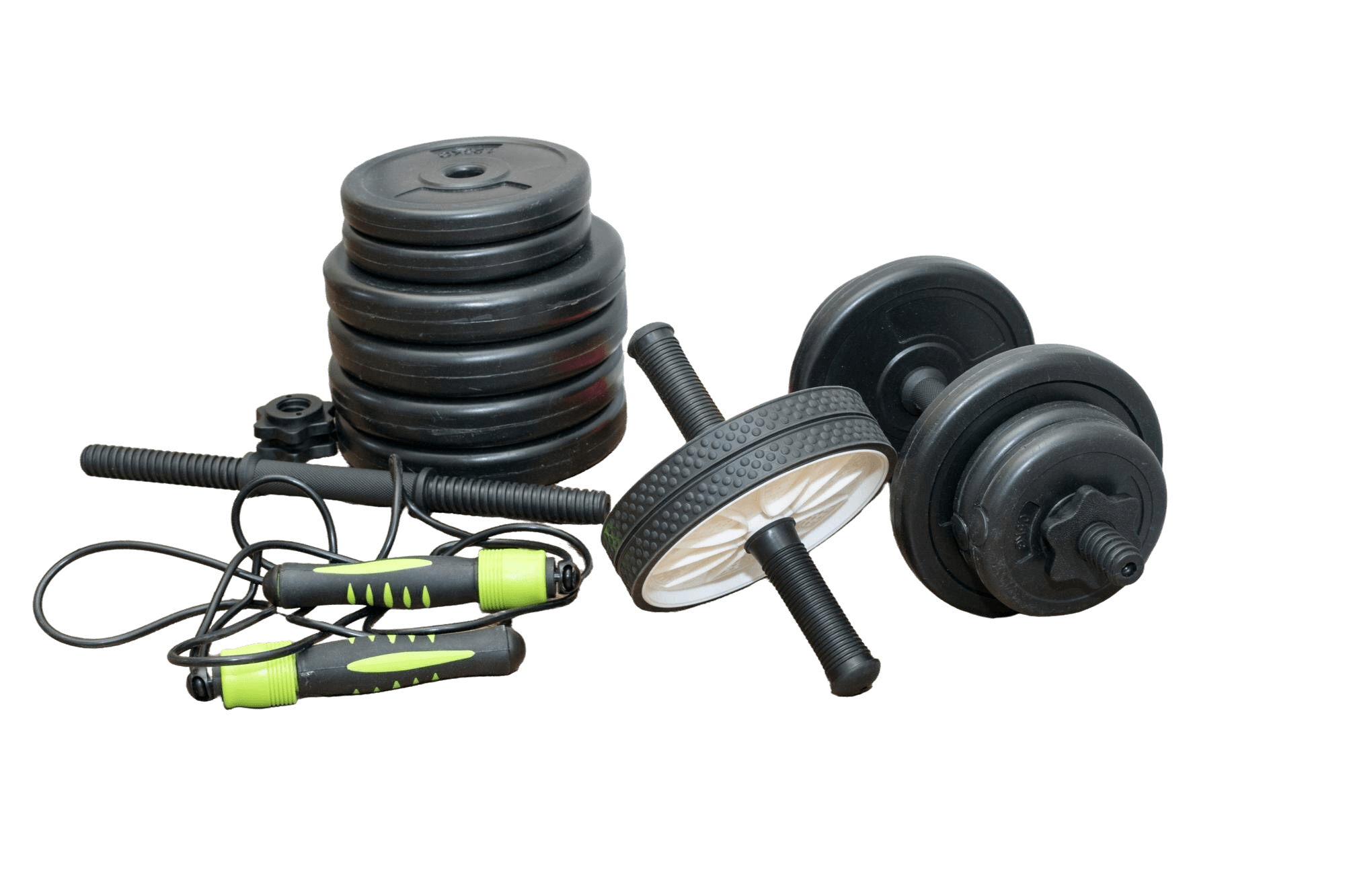 Adjustable dumbbell set, weight plates, ab wheel, and jump rope photographed for ScanFit