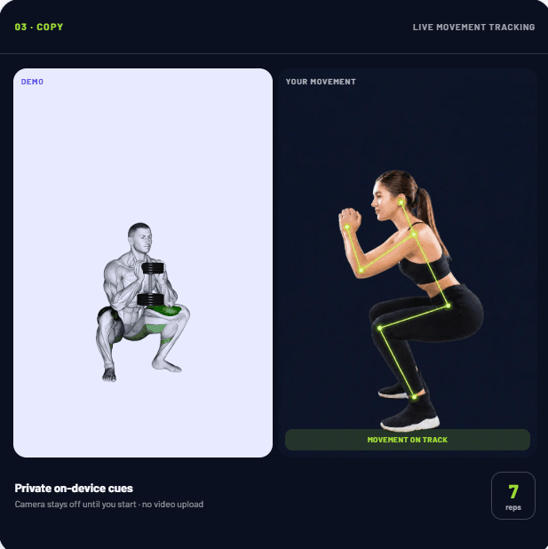 Movenue live movement tracking comparing a squat demonstration with private on-device form cues