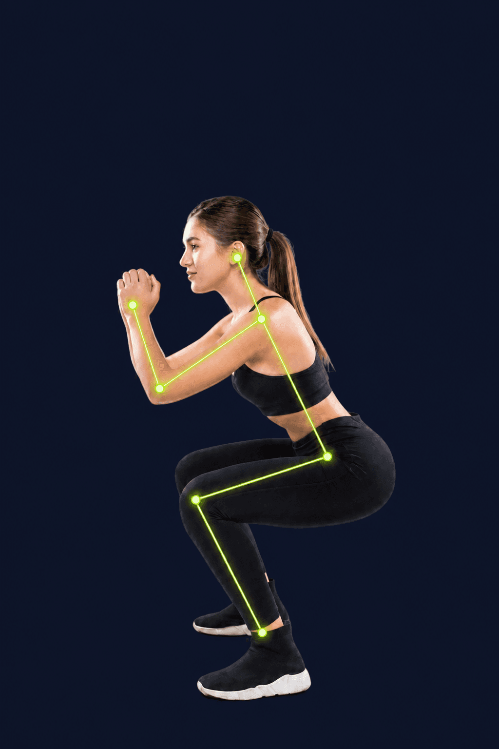 Athlete performing a squat with green on-device movement tracking lines